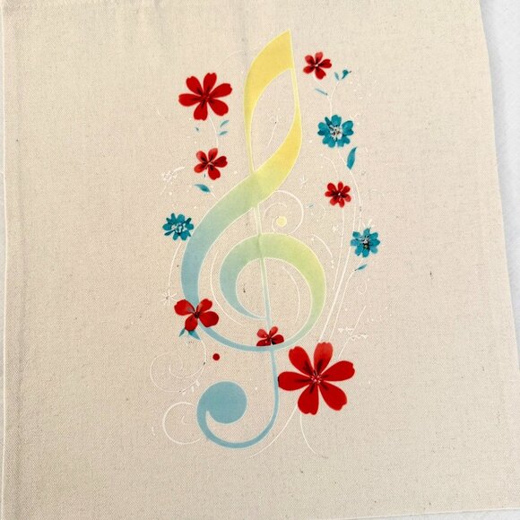 Music Note Floral Canvas Tote Bag Eco Friendly Reusable Shopping Bag Long Handle - Picture 3 of 7